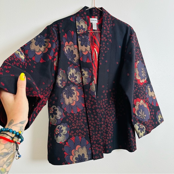 Chico's Black Floral Kimono Blazer Jacket Boho - Picture 9 of 10